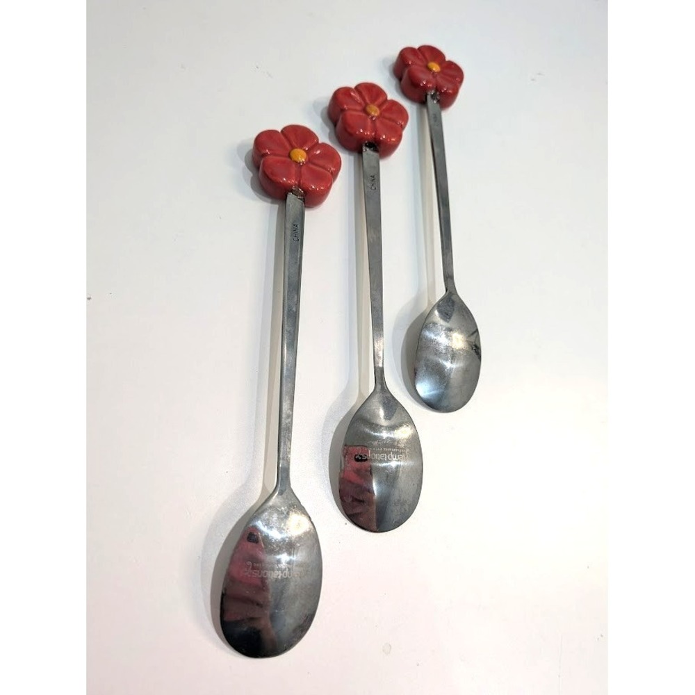 TEMP-TATIONS Old World Red Flower Top Tea Spoons 6 1/2 Inches Lot of 3 - Picture 3 of 4